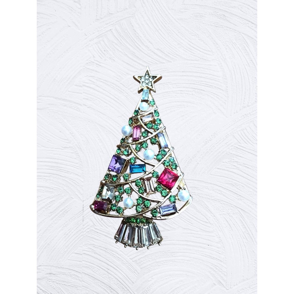 Napier Christmas Tree Brooch Multicolor Rhinestone Pearl Gold Tone‎ Holiday Pin